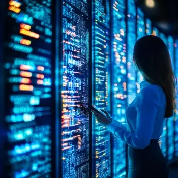 Woman reviewing data on a wall of illuminated server displays