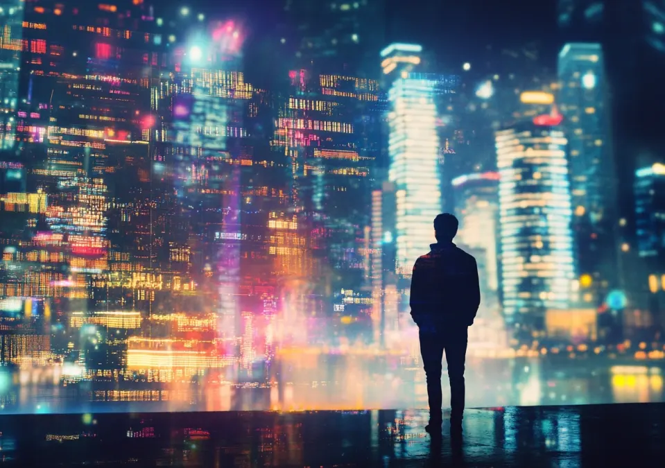 Person looking up at an illuminated city skyline at night