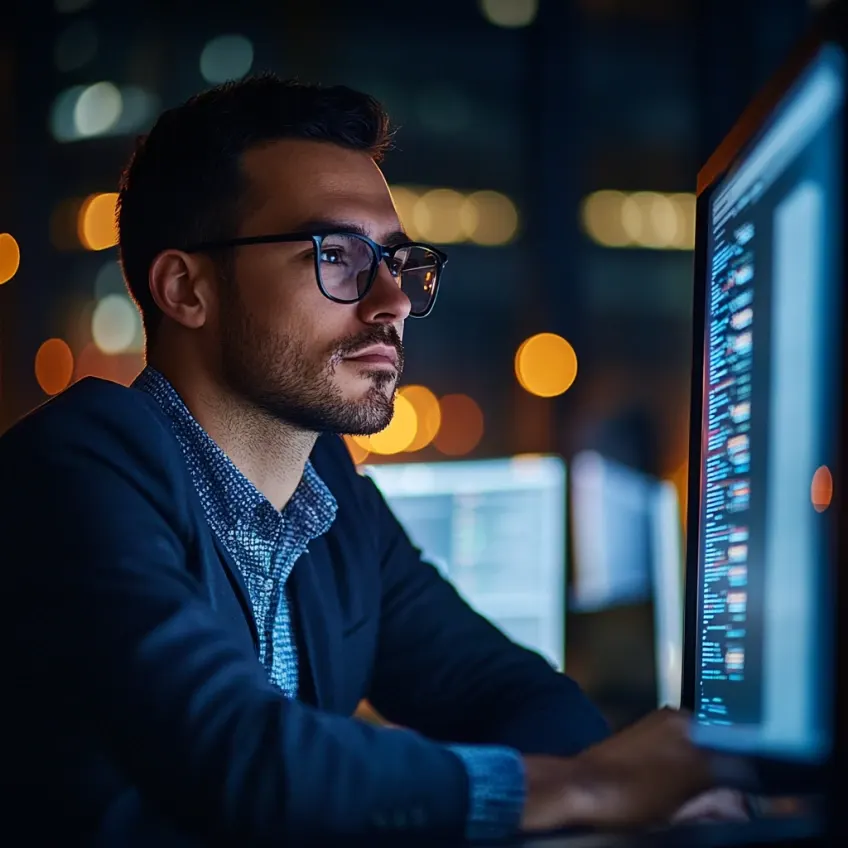 Engineer studying code on a monitor in a dim office